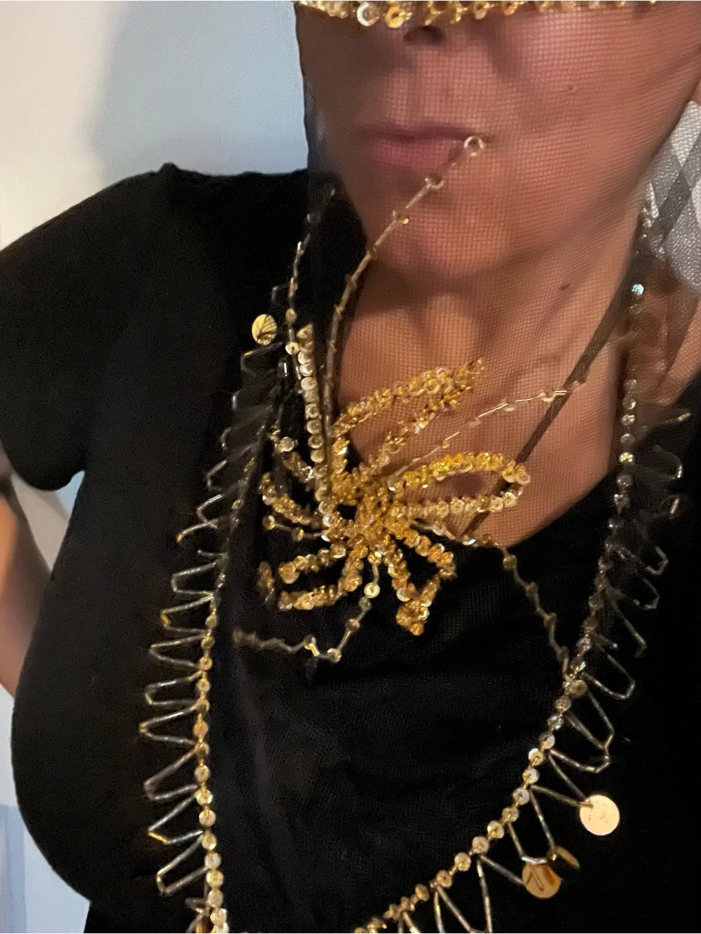 90s Bellydance Face Veil Deadstock Never Worn, Gold Sequin Sunburst, Mesh Mask